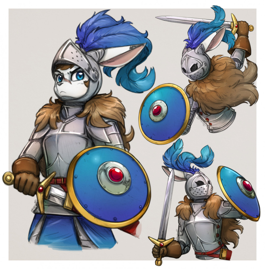 2021 action_pose aleanora angry anthro armor armorbun blue_eyes brown_hair clothing digital_media_(artwork) facial_scar female fighting_pose fur gloves hair handwear headgear helmet hi_res holding_melee_weapon holding_object holding_shield holding_sword holding_weapon knight lagomorph leporid long_hair mammal medieval melee_weapon multiple_angles okatuap otakuap plate_armor plume portrait pose rabbit round_shield scabbard scar shield simple_background solo standing sword three-quarter_portrait warrior weapon