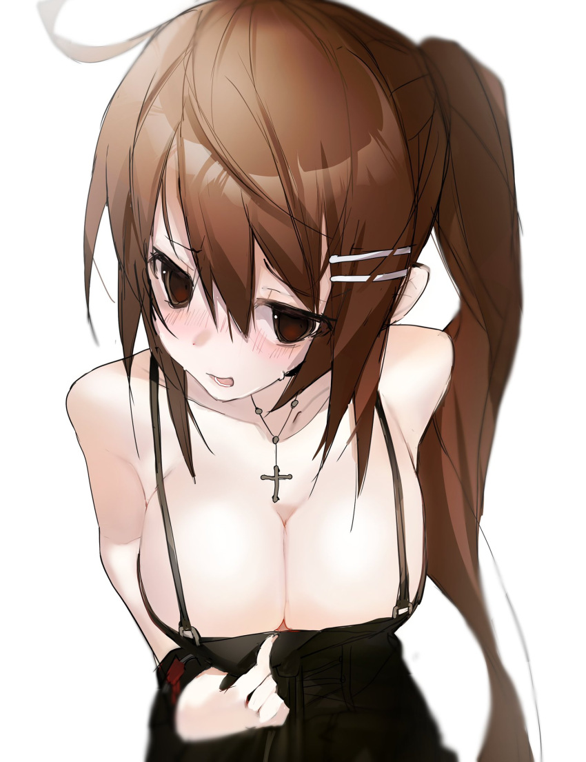 2023 bare_shoulders black_dress blush breasts brown_eyes brown_hair cleavage collarbone commentary cross cross_necklace dated_commentary dizzy_(nadecola9) dress embarrassed english_commentary female formal hair_ornament hairclip head_tilt highres jewelry large_breasts leaning_forward long_hair looking_at_viewer minakami_yuki necklace open_mouth ponytail presenting_breasts simple_background sleeveless sleeveless_dress smile solo subarashiki_hibi sweatdrop upper_body very_long_hair