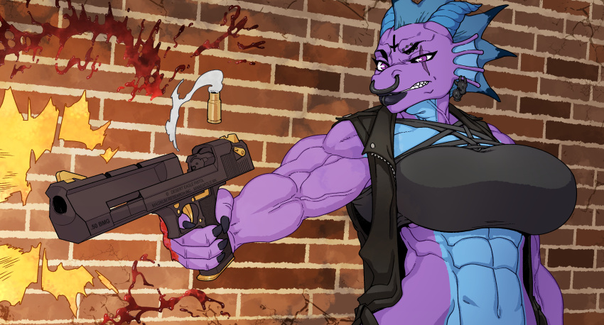 abs absurd_res angry anthro big_breasts big_muscles blood blood_splatter bloody_knuckles bodily_fluids breasts brick_wall bullet_casing clothing cross delilah_(deminothedragon) desert_eagle dragon ear_piercing eye_scar eyebrow_piercing facial_piercing facial_scar female gun handgun hi_res holding_gun holding_object holding_ranged_weapon holding_weapon huge_muscles insane inverted_cross jacket leather leather_clothing leather_jacket leather_topwear lip_piercing mature_anthro mature_female mohawk muscular muscular_female mythological_creature mythological_scalie mythology nose_piercing pentagram_bra piercing pistol ranged_weapon scalie scar shooting_gun sleeveless_jacket solo topwear vein veiny_muscles wall_(structure) weapon