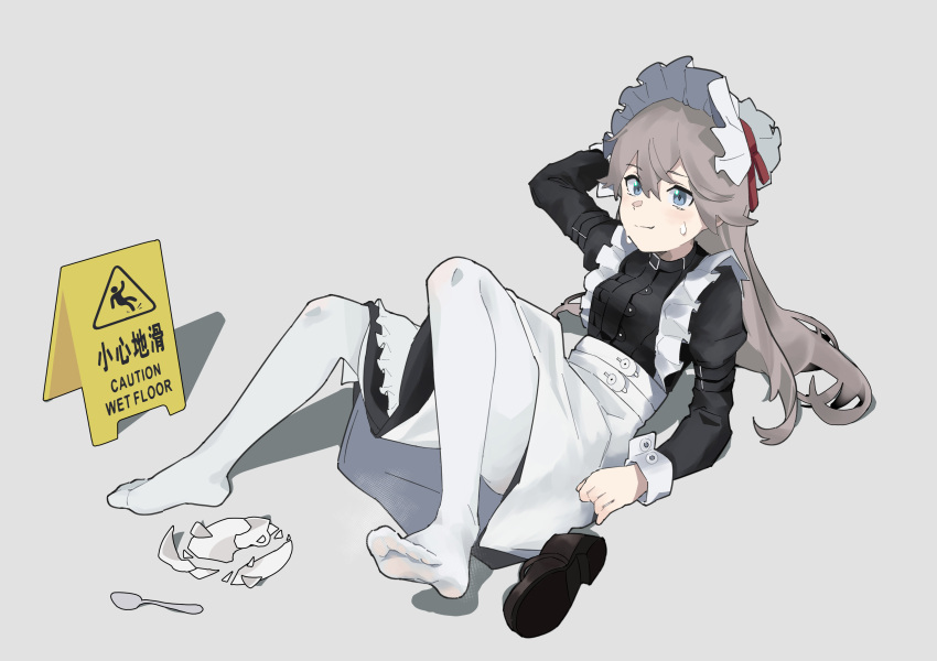 absurdres apron arm_up black_dress blue_eyes broken_plate brown_footwear chinese_commentary chinese_text closed_mouth commentary_request dress eflo_(794753336) english_text frilled_apron frills grey_hair hair_between_eyes highres light_blush long_hair long_sleeves lying maid maid_apron maid_headdress no_shoes on_back pantyhose plate red_ribbon resonance_solstice ribbon shoes simple_background small_sweatdrop spoon translation_request unworn_shoes wet_floor_sign white_apron white_background white_pantyhose