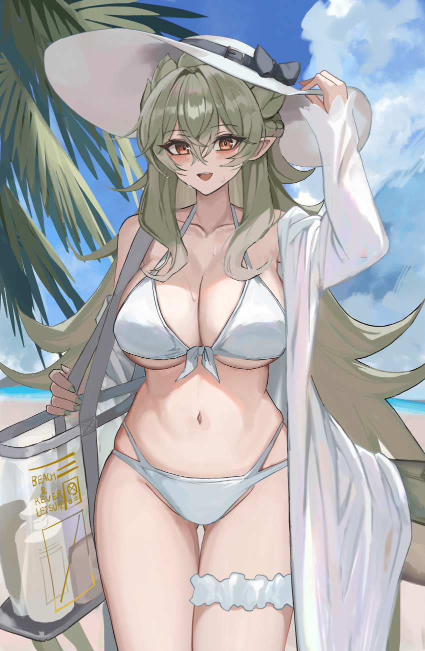 :d absurdres arigiep arm_up bag bare_shoulders bikini blue_sky blush braid breasts cleavage cloud collarbone day female green_hair hand_on_headwear hat highres large_breasts long_hair long_sleeves looking_at_viewer monster_hunter_(series) navel off_shoulder open_clothes open_mouth orange_eyes outdoors pointy_ears rathian shoulder_bag sky smile solo stomach sun_hat swimsuit thigh_gap thigh_strap transparent_bag very_long_hair white_bikini white_hat