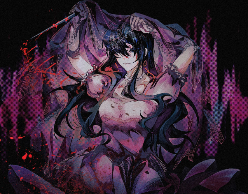 black_eyes black_hair blood blood_splatter breasts closed_mouth cowboy_shot dress earrings female highres holding holding_knife jewelry knife lace-trimmed_veil lace_trim large_breasts li_yuting_(female) long_hair necklace pearl_necklace pink_dress puffy_short_sleeves puffy_sleeves raja_(08niankemofei43938) short_sleeves solo touqi_guaitan veil