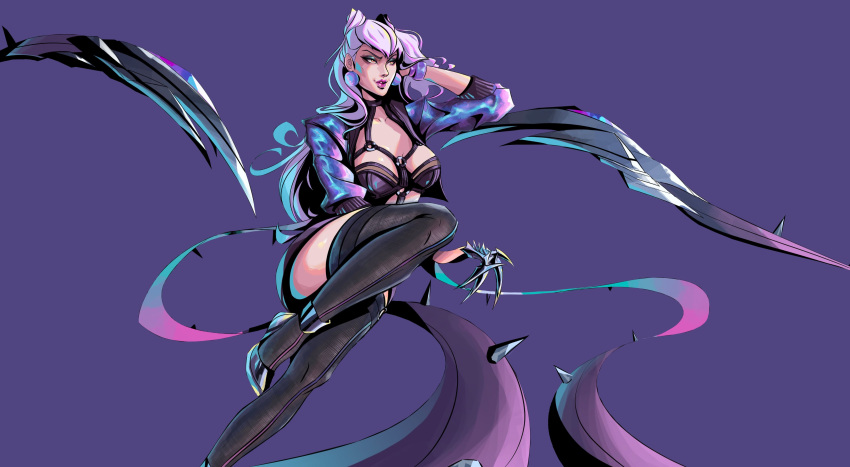 absurdres arm_on_thigh arm_support between_breasts black_choker black_eyeshadow black_footwear black_skirt black_thighhighs blue_jacket bracelet breasts choker claw_(weapon) cleavage collarbone cone_hair_bun cropped_jacket crystal demon demon_girl earrings evelynn_(league_of_legends) eyeshadow feet_out_of_frame female full_body hair_bun hand_on_own_head high_heels highres jacket jewelry k/da_all_out_evelynn large_breasts lashers league_of_legends leg_up long_hair looking_afar lying makeup multicolored_clothes multicolored_jacket niczrandomarts o-ring on_side open_clothes open_jacket parted_lips pencil_skirt pom_pom_(clothes) pom_pom_earrings purple_background purple_bracelet purple_jacket purple_lips revealing_clothes sitting skirt slit_pupils solo spikes strap_between_breasts thighhighs two-tone_jacket weapon white_hair yellow_eyes