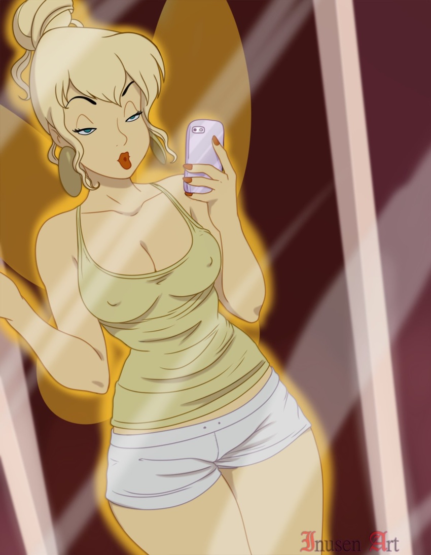 1girls blonde_hair blue_eyes cellphone cleavage clothed disney disney_fairies earrings erect_nipples fairy female female_only half-closed_eyes inusen lipstick mirror mirror_selfie nail_polish nipples nipples_visible_through_clothing peter_pan_(disney) pout reflection seductive_look selfie short_shorts shorts solo tank_top tied_hair tinker_bell wings