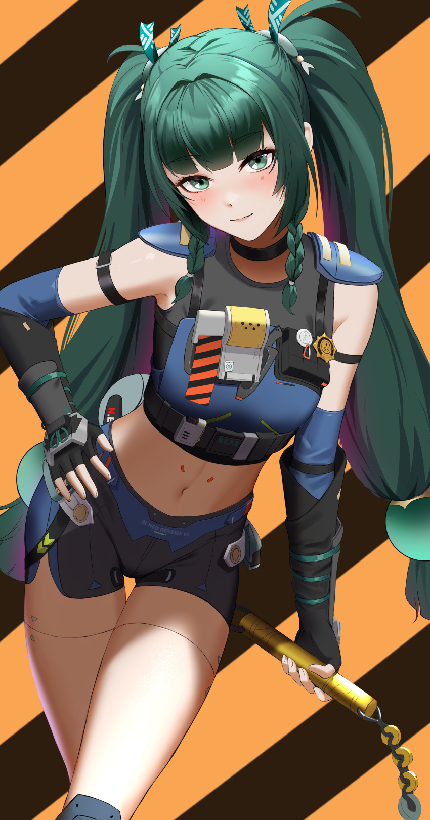 absurdres android anoreika_tomoe black_gloves braid female fingerless_gloves gloves green_eyes green_hair green_ribbons hair_ribbon highres holding holding_weapon long_hair looking_at_viewer midriff navel qingyi_(zenless_zone_zero) ribbon standing thighs twin_braids twintails weapon zenless_zone_zero