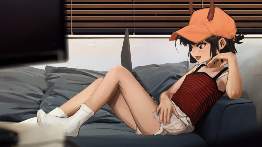 :d baseball_cap black_camisole blurry blurry_foreground blush bra_strap breasts brown_eyes brown_hair camisole computer couch demon_horns depth_of_field female flat_screen_tv hand_on_own_opposite_thigh hand_up hat highres horns indoors katya_(servachok) knees_up laptop leaning_back living_room looking_ahead looking_at_screen lounging lying night no_shoes on_back on_couch open_mouth orange_hat original red_camisole servachok short_hair short_shorts shorts sleeveless small_breasts smile socks striped_camisole television two-tone_camisole white_shorts white_socks window_blinds