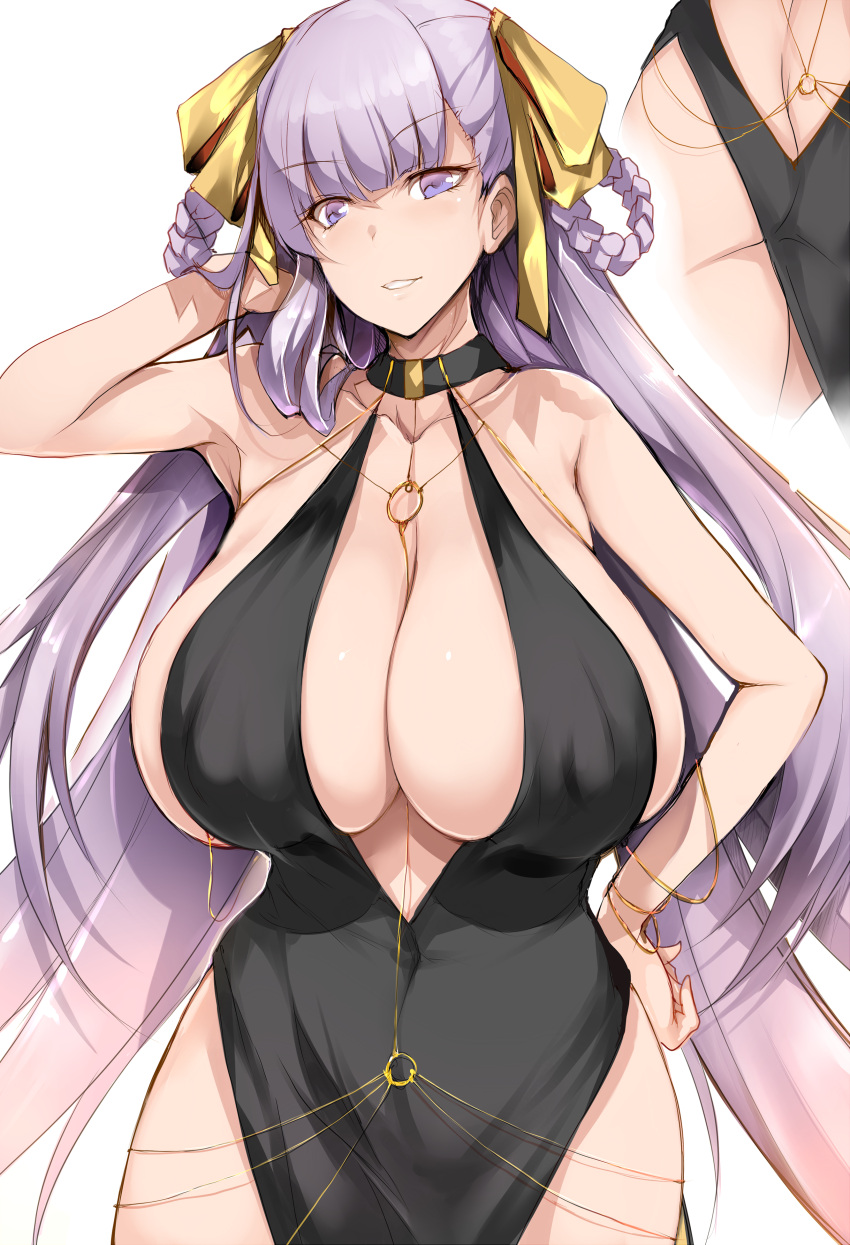 absurdres ass bare_shoulders bb_dubai_(fate) belly_chain black_dress blush bracelet braid braided_hair_rings breasts center_opening cleavage dress fate/grand_order fate_(series) female grin hair_ribbon highres huge_breasts jewelry long_hair looking_at_viewer multiple_views necklace purple_eyes purple_hair ribbon side_slit smile tsukasawa_takamatsu twin_braids very_long_hair yellow_ribbon