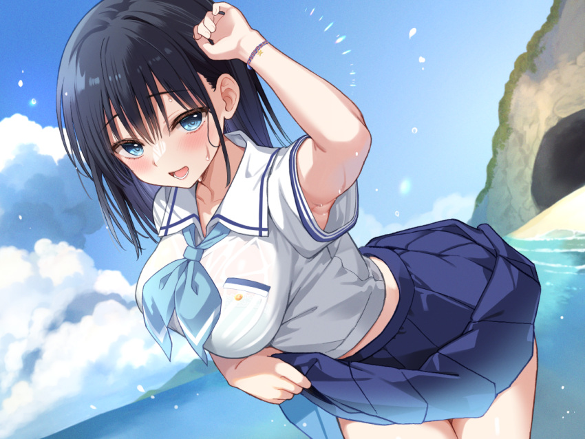 arm_up armpits beach black_hair blue_eyes blue_skirt blue_sky bracelet breasts cave clothes_lift cloud collarbone commentary_request day ikura_nagisa jewelry lifting_own_clothes lower_teeth_only ocean open_mouth original outdoors pleated_skirt sailor_collar school_uniform see-through serafuku shirt short_sleeves skirt skirt_lift sky smile teeth wet wet_clothes white_sailor_collar white_shirt