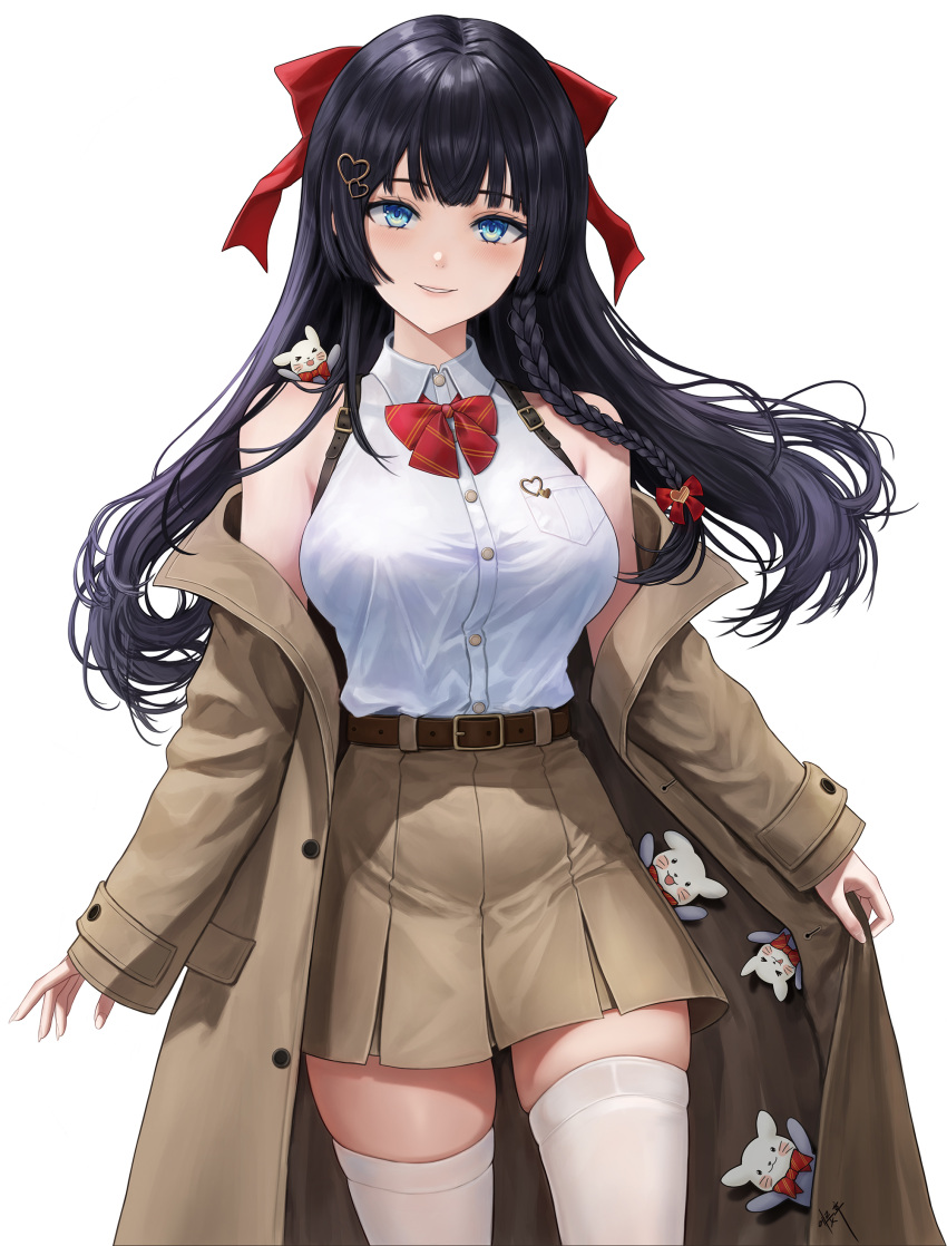 absurdres bare_shoulders belt black_hair blue_eyes bow bowtie braid breast_pocket breasts brown_coat brown_skirt buttons coat collared_shirt commentary_request cowboy_shot dress_shirt eruthu female grin haedungi_(shirayuki_hina) hair_ornament hairbow hairclip heart heart_hair_ornament high-waist_skirt highres large_breasts long_hair long_sleeves looking_at_viewer off_shoulder open_clothes open_coat pleated_skirt pocket shirayuki_hina shirt shirt_tucked_in simple_background skindentation skirt sleeveless sleeveless_shirt smile solo standing stellive thighhighs thighs virtual_youtuber white_background white_shirt white_thighhighs zettai_ryouiki