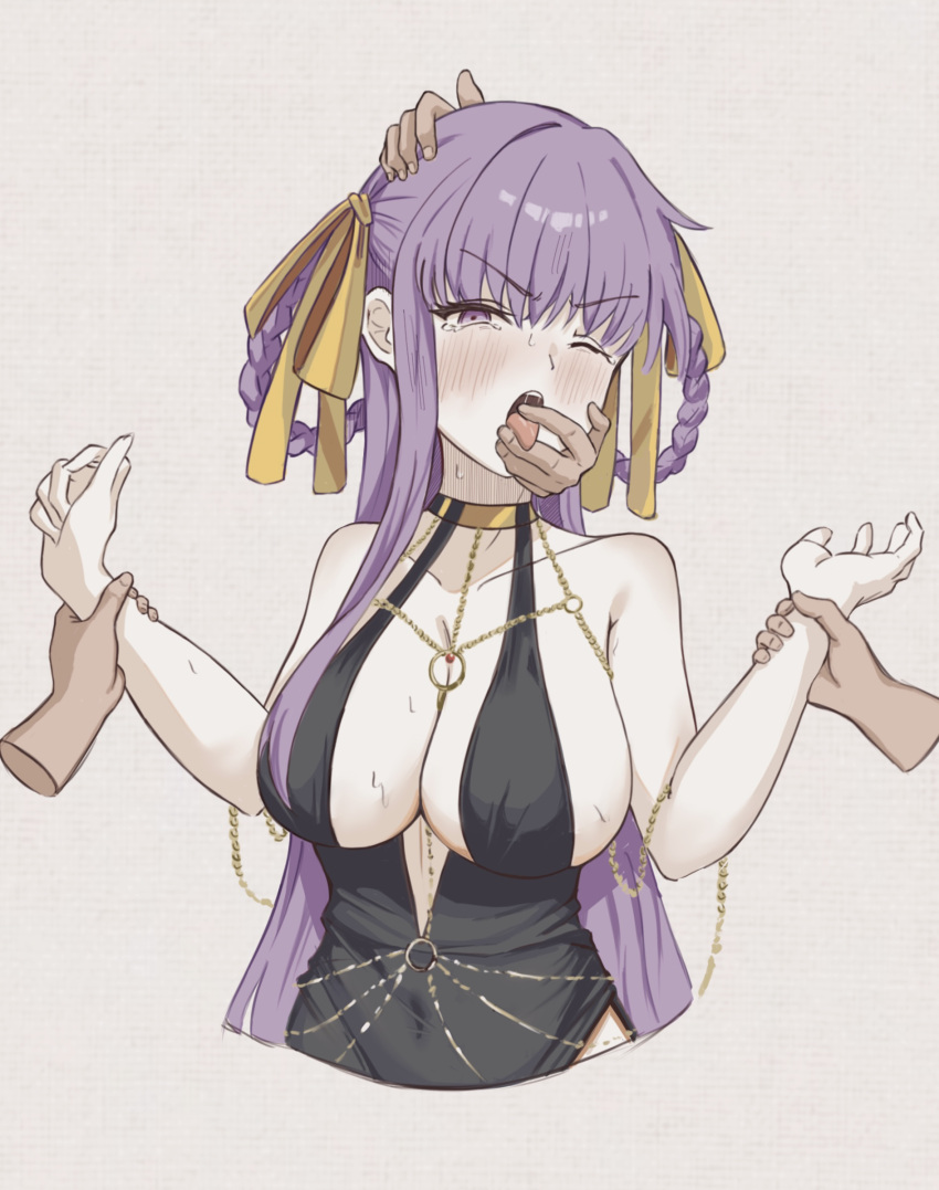 bare_shoulders bb_dubai_(fate) belly_chain black_dress blush braid braided_hair_rings breasts center_opening cleavage disembodied_hand dress fate/grand_order fate_(series) female hair_ribbon highres jewelry large_breasts long_hair looking_at_viewer necklace one_eye_closed open_mouth purple_eyes purple_hair ribbon sideboob sweat tongue tongue_out treetree_5200 twin_braids yellow_ribbon