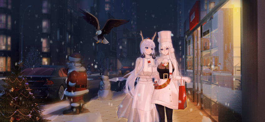 2girls absurdres alternate_costume antlers azur_lane black_pantyhose blue_eyes breasts car city coat dress enterprise_(azur_lane) enterprise_(reindeer_master)_(azur_lane) fake_horns fur-trimmed_coat fur_trim gloves grim_(azur_lane) highres horns huge_breasts illustrious_(azur_lane) long_sleeves motor_vehicle multiple_girls night official_alternate_costume outdoors pantyhose reindeer_antlers santa_costume see-through see-through_dress snowing snowman white_dress white_gloves white_hair white_pantyhose wife_and_wife winter_clothes winter_coat xiaoli_(1507) yuri