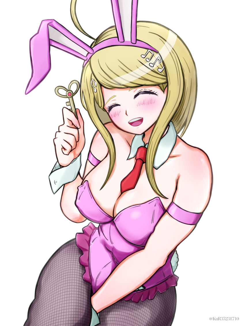 :d absurdres ahoge akamatsu_kaede animal_ears aruke_(gter7727) bare_shoulders blonde_hair blush breasts cleavage danganronpa_(series) danganronpa_v3:_killing_harmony fake_animal_ears female fishnet_pantyhose fishnets hair_ornament hand_up highres holding holding_key key large_breasts long_hair musical_note musical_note_hair_ornament necktie official_alternate_costume pantyhose rabbit_ears red_necktie short_necktie smile