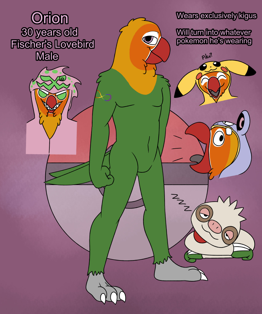 3_toes aaron_amethyst absurd_res anthro avian beak bird claws clothing feet generation_1_pokemon generation_3_pokemon generation_4_pokemon green_body green_eyes hi_res kigurumi loudred lovebird male model_sheet multicolored_body nintendo onesie orion_(aaron_amethyst) parrot pikachu pink_eyes pokemon pokemon_(species) red_beak screaming slakoth sleeping solo spiritomb tattoo toes true_parrot