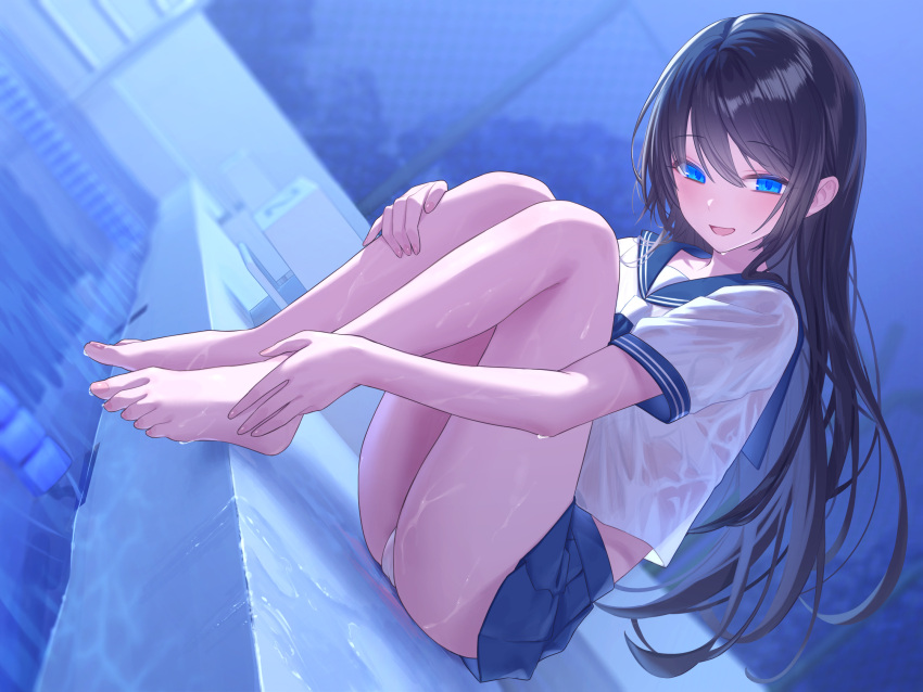 :d barefoot black_hair blue_eyes blue_sailor_collar blue_skirt blurry blurry_background bra bra_visible_through_clothes chain-link_fence closed_mouth feet female fence grey_hoodie hair_between_eyes highres hood hoodie jfjf knees_up long_hair long_sleeves looking_at_viewer night open_mouth original outdoors panties pleated_skirt pool pool_ladder poolside sailor_collar school_uniform shirt short_sleeves sitting skirt smile solo thighs toes tree underwear variant_set wet wet_clothes wet_shirt white_bra white_panties white_shirt