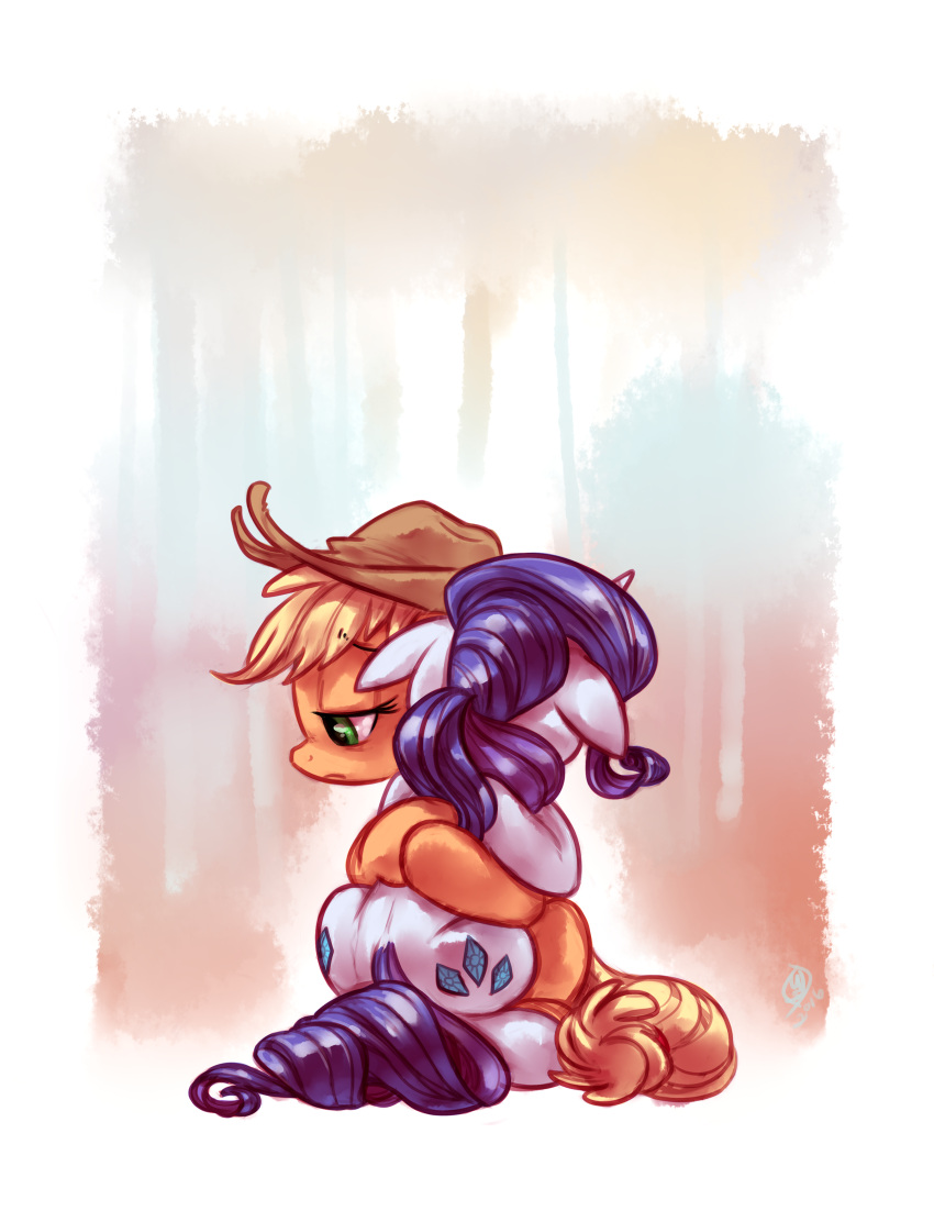 absurd_res applejack_(mlp) clothing cowboy_hat duo equid equine female female/female friendship_is_magic green_eyes hasbro hat headgear headwear hi_res horn horse hug mammal my_little_pony mythological_creature mythological_equine mythology pony rarity_(mlp) sad unicorn whitediamonds