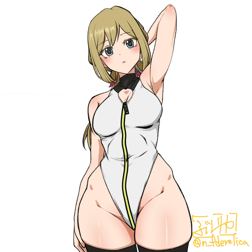 absurdres alice_gear_aegis arm_behind_head black_thighhighs breasts circle_cutout cleavage_cutout clothing_cutout companion/af covered_collarbone covered_navel female front_zipper full-length_zipper highleg highleg_leotard highres leotard medium_breasts namari_fudetarou race_queen rita_henschel simple_background sleeveless_turtleneck_leotard solo thighhighs turtleneck turtleneck_leotard two-tone_leotard white_background white_leotard zipper zipper_leotard zipper_pull_tab