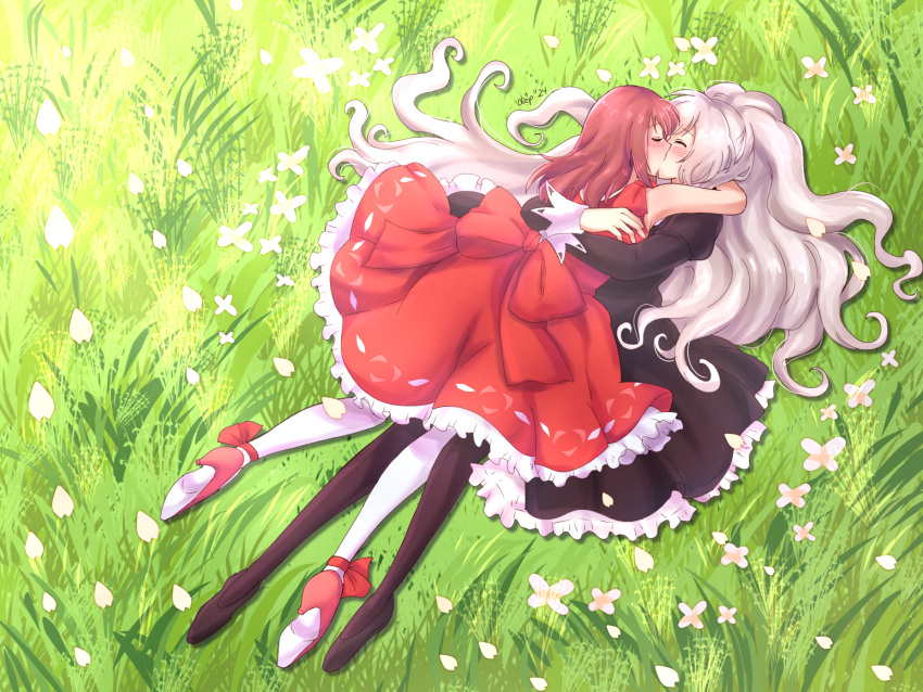 2girls aoi_nagisa black_pantyhose blush closed_eyes diep_(pixiv79733088) dress hanazono_shizuma highres hug kissing long_hair multiple_girls on_grass outdoors pantyhose red_dress red_hair school_uniform strawberry_panic! white_hair white_pantyhose yuri