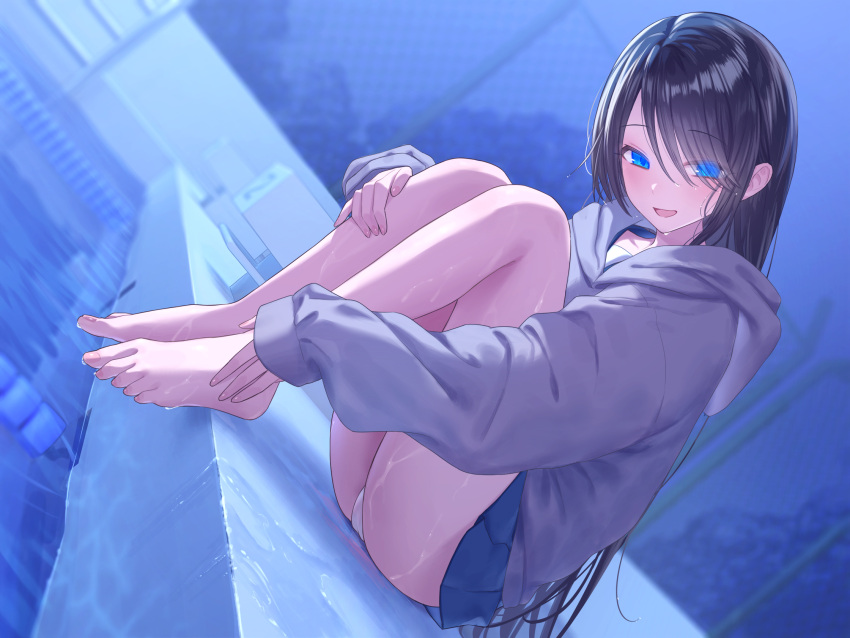 :d barefoot black_hair blue_eyes blue_skirt blurry blurry_background chain-link_fence feet female fence grey_hoodie hair_between_eyes highres hood hoodie jfjf knees_up long_hair long_sleeves looking_at_viewer night open_mouth original outdoors panties pleated_skirt pool pool_ladder poolside school_uniform sitting skirt smile solo thighs toes tree underwear variant_set white_panties