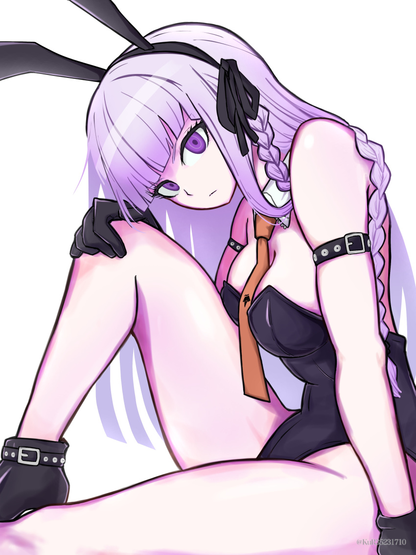 absurdres animal_ears aruke_(gter7727) black_gloves black_ribbon braid breasts danganronpa:_trigger_happy_havoc danganronpa_(series) detached_collar fake_animal_ears female gloves hair_ribbon highres kirigiri_kyoko knee_up leotard long_hair looking_at_viewer official_alternate_costume playboy_bunny purple_eyes purple_hair rabbit_ears ribbon side_braid sitting solo strapless strapless_leotard