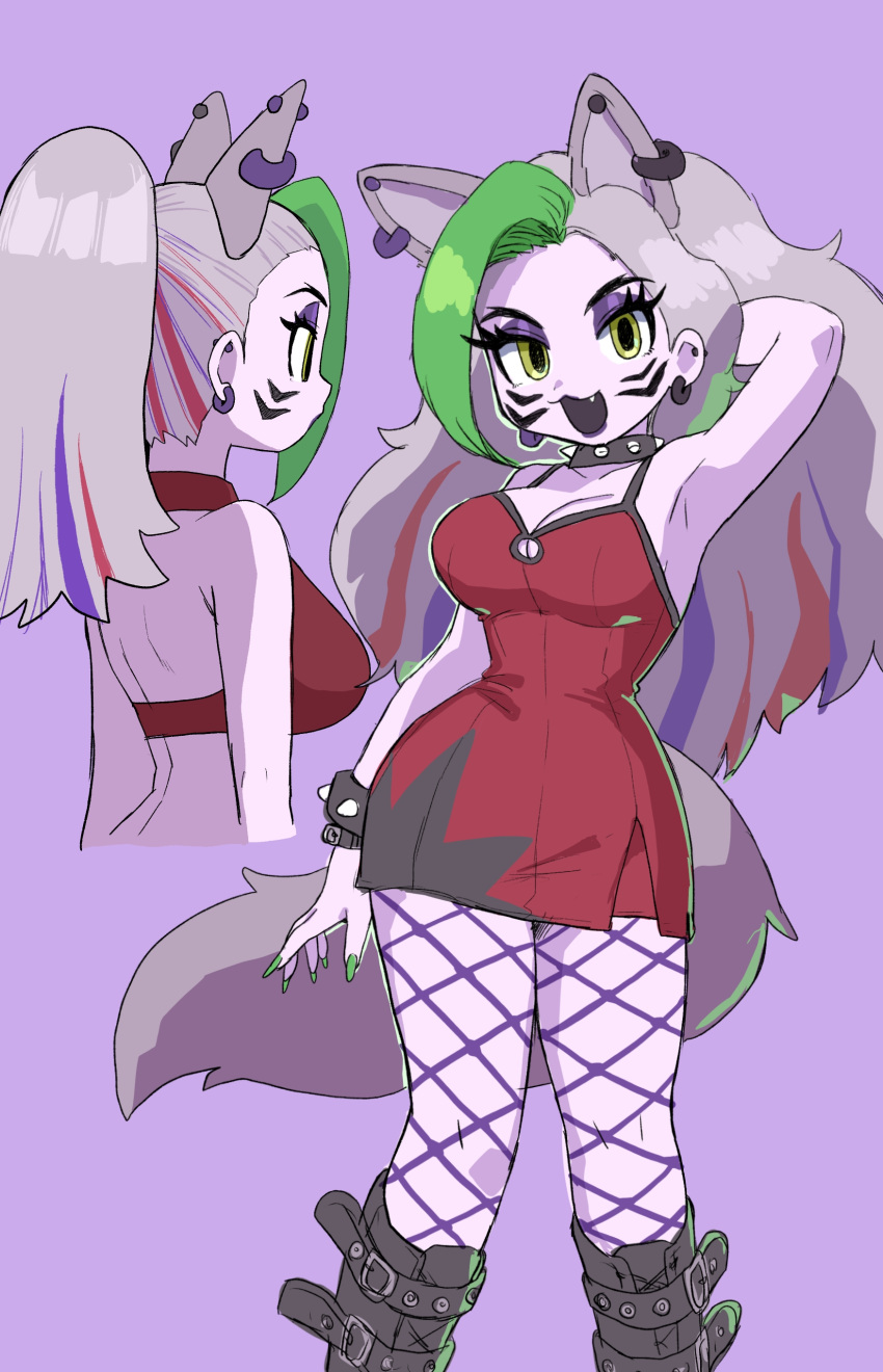 absurdres animal_ear_piercing animal_ears boots breasts cleavage commentary_request cowboy_shot dress earrings extra_ears female fishnet_pantyhose fishnets five_nights_at_freddy's five_nights_at_freddy's:_security_breach from_behind grey_hair highres humanization jewelry large_breasts long_hair minami_(mnm-kyk) multicolored_hair multiple_views open_mouth pantyhose ponytail punk purple_background red_dress roxanne_wolf_(fnaf) standing streaked_hair tail upper_body wolf_ears wolf_girl wolf_tail