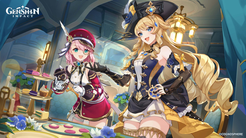 2girls absurdres aqua_eyes bare_shoulders black_gloves black_hat blonde_hair bodice breasts cabbie_hat cake cake_slice camera candle charlotte_(genshin_impact) cupcake detached_sleeves dress drill_hair drill_sidelocks english_commentary food genshin_impact gloves hat highres indoors long_hair long_sleeves macaron medium_breasts medium_hair monocle multiple_girls navia_(genshin_impact) official_art open_mouth pink_hair red_hat red_skirt shirt sidelocks skirt standing thighhighs tiered_tray vision_(genshin_impact) white_gloves white_shirt