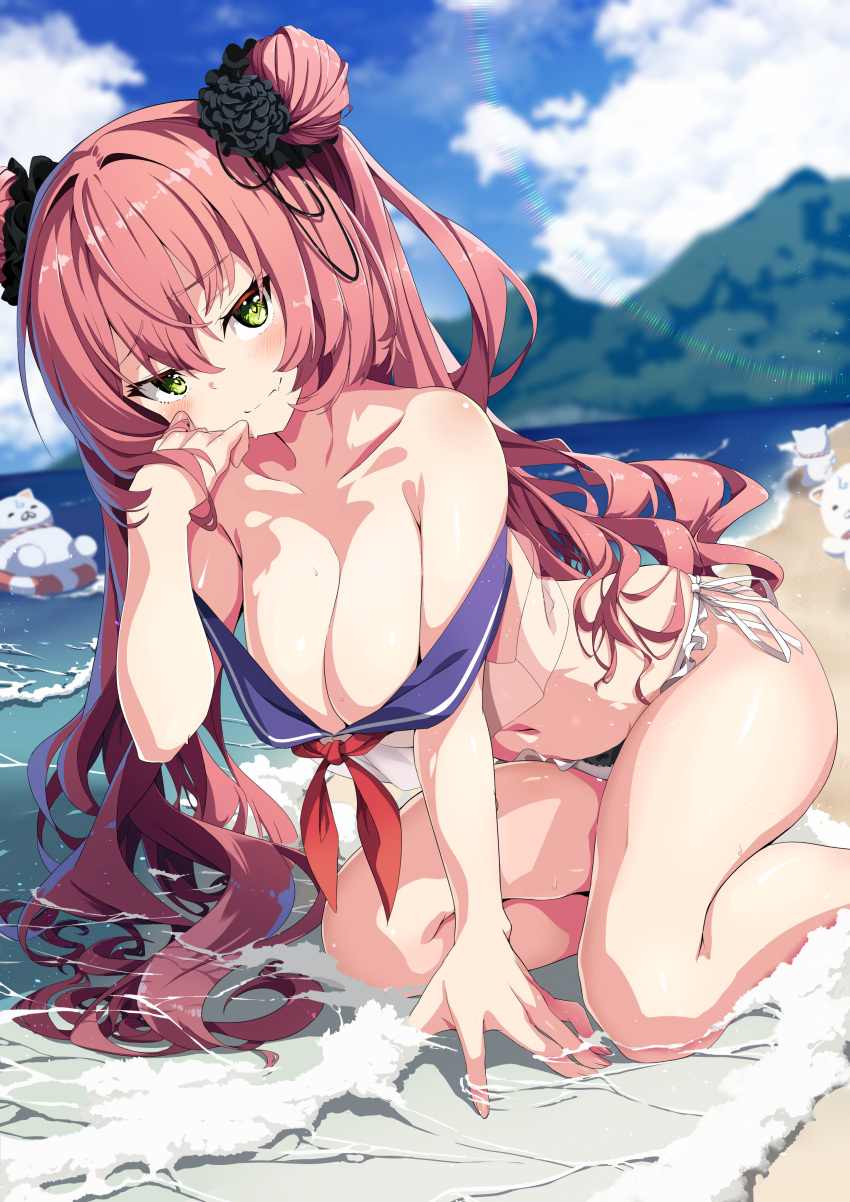 35p_(sakura_miko) absurdres alternate_costume alternate_hair_length alternate_hairstyle beach bikini black_bikini black_scrunchie blue_sailor_collar blue_sky blush breasts cleavage closed_eyes closed_mouth cloud cloudy_sky collarbone commentary day double_bun feline female fingernails frilled_bikini frills hair_between_eyes hair_bun hair_ornament hair_scrunchie hand_on_own_cheek hand_on_own_face highres hololive huge_breasts kneeling lens_flare lifebuoy long_hair looking_at_viewer mountain navel neckerchief ocean oerba_yun_fang outdoors pink_hair red_neckerchief sailor_collar sakura_miko sand scrunchie side-tie_bikini_bottom skin_fang sky sleeves_past_wrists smile solo stomach strap_slip swim_ring swimsuit thighs virtual_youtuber water zelitto