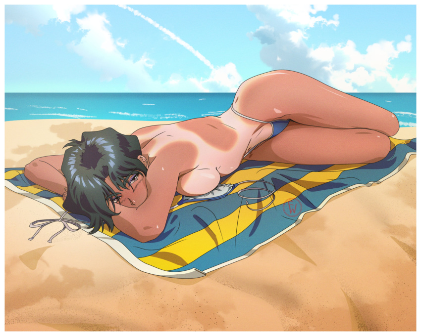 absurdres beach bikini black_hair blue_eyeshadow breasts brown_eyes dark-skinned_female dark_skin english_commentary eyeshadow female fritz_willie full_body golden_boy hayami_ayuko highres looking_at_viewer makeup medium_breasts navel retro_artstyle short_hair solo string_bikini swimsuit tanning topless towel