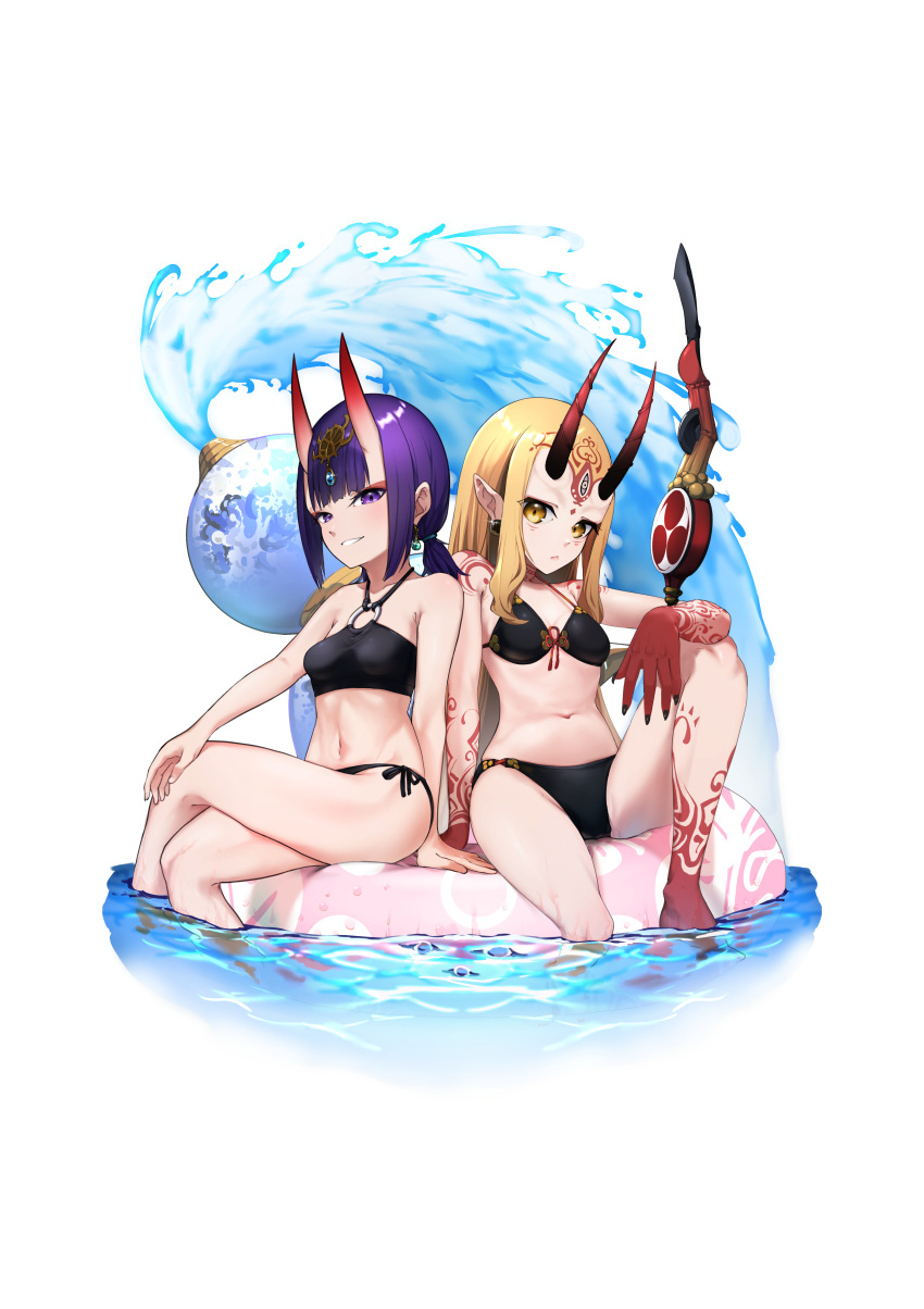 2girls absurdres bikini black_bikini blonde_hair bob_cut breasts eyeliner facial_mark fate/grand_order fate_(series) fingernails forehead_mark front-tie_bikini_top front-tie_top gourd hair_pulled_back headpiece highres horns ibaraki_douji_(fate) lifebuoy long_hair makeup multiple_girls navel oni pointy_ears purple_eyes purple_hair sharp_fingernails short_eyebrows short_hair shuten_douji_(fate) side-tie_bikini_bottom sitting skin-covered_horns small_breasts smile swim_ring swimsuit tattoo terasako yellow_eyes