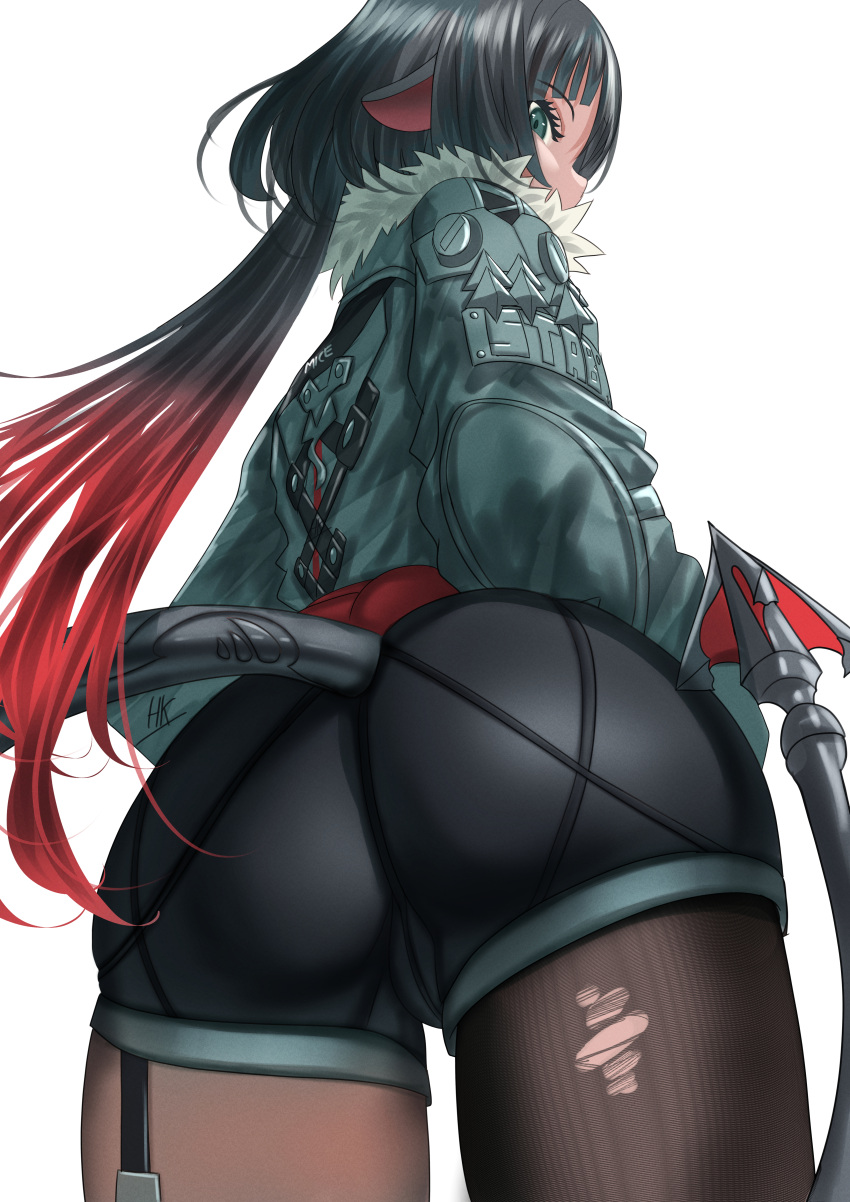 absurdres ass ass_focus black_pantyhose black_shorts blunt_bangs female from_behind green_eyes green_hair highres jane_doe_(zenless_zone_zero) kein_hasegawa long_hair looking_at_viewer looking_back mouse_girl multicolored_hair pantyhose red_hair shorts sidelocks simple_background solo tail thighs two-tone_hair white_background zenless_zone_zero