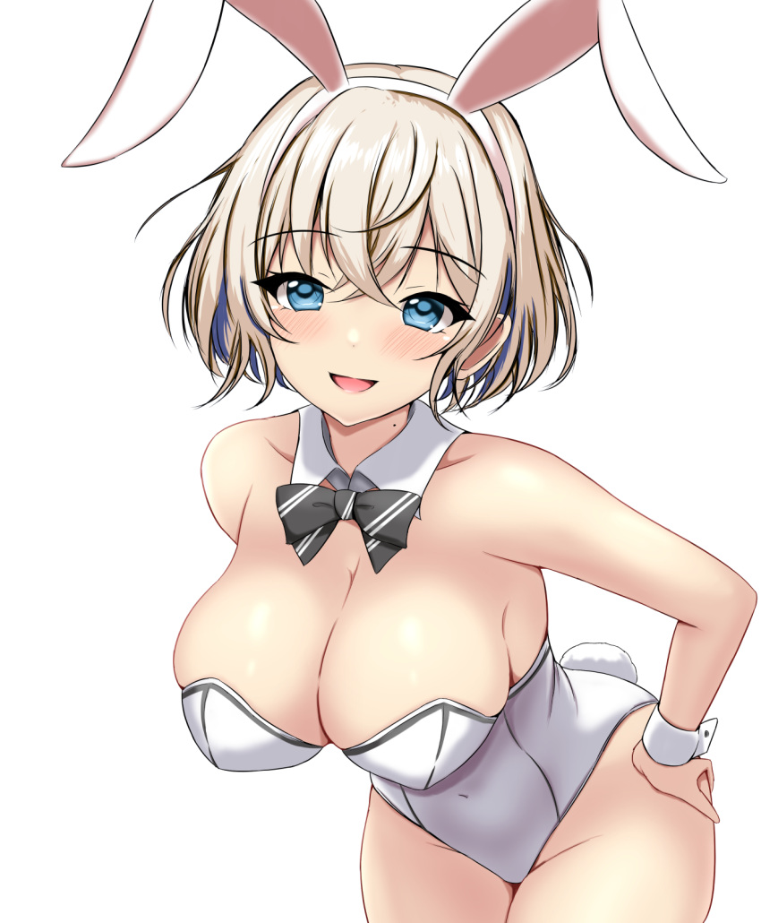 animal_ears bare_legs bare_shoulders blonde_hair blue_eyes blush breasts bunny_day covered_navel fake_animal_ears fake_tail female gloire_(kancolle) highleg highleg_leotard highres kantai_collection large_breasts leotard looking_at_viewer mole mole_on_neck montemasa playboy_bunny rabbit_ears short_hair smile solo strapless strapless_leotard tail white_background white_leotard