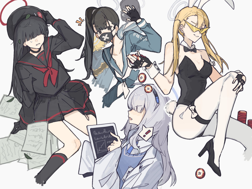 ! 4girls ahoge animal_ears black_eyes black_footwear black_gloves black_hair black_hat black_leotard black_sailor_collar black_serafuku black_shirt black_skirt black_socks blonde_hair blue_archive blunt_bangs breasts bunny_girl_guard_(sr)_(blue_archive) cleavage collarbone commentary cropped_torso detached_collar fake_animal_ears fake_tail fanged_bangs fingerless_gloves foot_out_of_frame gloves grey_background grey_hair grey_halo grin hair_over_eyes hairband halo hand_up hands_up hat high_heels high_ponytail highres justice_task_force_member_(blue_archive) kamina_shades leotard long_bangs long_hair long_sleeves looking_at_viewer mask medium_breasts millennium_science_school_student_(blue_archive) millennium_science_school_student_b_(blue_archive) mouth_mask multiple_girls neckerchief notice_lines noyane open_mouth pantyhose parted_lips playboy_bunny pleated_skirt plunging_neckline poker_chip ponytail profile rabbit_ears rabbit_tail red_halo red_neckerchief sailor_collar sailor_shirt school_uniform serafuku shirt single_sleeve_past_fingers skirt smile socks straight_hair strapless strapless_leotard sukeban_(smg)_(blue_archive) sukeban_(sr)_(blue_archive) sweatdrop sweater_vest tail thigh_strap twintails white_neckerchief white_pantyhose wrist_cuffs