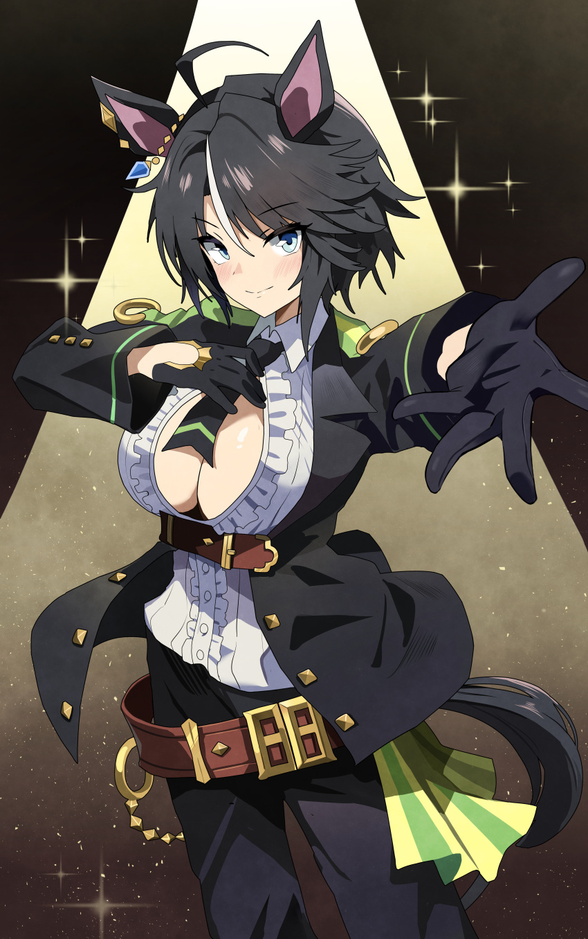 absurdres ahoge animal_ears belt black_gloves black_hair black_jacket black_necktie black_pants blue_eyes breasts brown_belt center_frills cleavage closed_mouth collared_shirt commentary cowboy_shot ear_ornament ear_piercing female frilled_shirt frills fuji_kiseki_(umamusume) gloves hair_between_eyes hand_on_own_chest highres horse_ears horse_girl horse_tail jacket large_breasts light_blush long_sleeves looking_at_viewer multicolored_hair necktie outstretched_arm pants partially_unbuttoned piercing shirt short_hair sidelocks smile solo sparkle spotlight standing sylph_kim tail two-tone_hair umamusume underbust white_hair