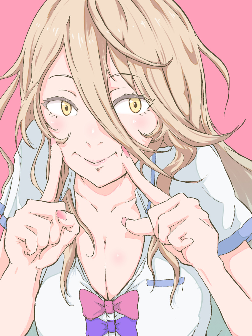 blonde_hair bow bowtie breasts cleavage closed_mouth collarbone collared_shirt fake_nails female finger_to_mouth fingersmile hair_between_eyes highres large_breasts long_hair long_hair_between_eyes maetaka make_heroine_ga_oo_sugiru! messy_hair nail_polish pink_background pink_bow pink_bowtie pink_nails purple_bow purple_bowtie school_uniform shikiya_yumeko shirt short_sleeves simple_background solo upper_body white_shirt yellow_eyes