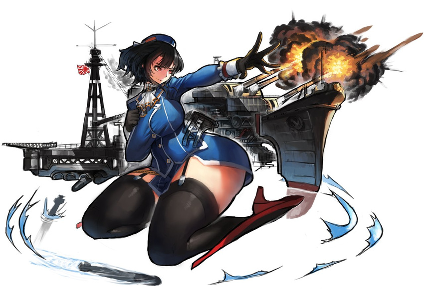 bad_anatomy beret black_gloves black_hair breasts commentary_request female firing garter_straps gloves hat huge_breasts impossible_clothes kantai_collection military military_uniform outstretched_arm short_hair solo takao_(kancolle) tianzhong_zhongtian torpedo uniform