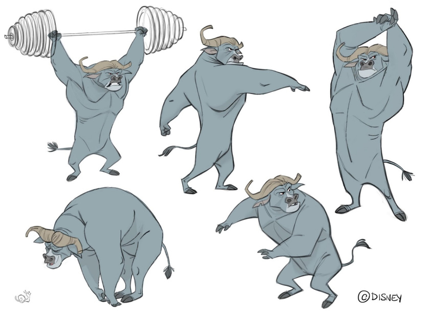 anthro bent_over better_version_at_source bovid bovine buffalo_(disambiguation) canon cape_buffalo chief_bogo disney exercise grey_body horn male mammal nude official_art solo standing teeth unknown_artist weightlifting weights workout zootopia