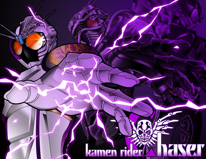 1boy antennae armor bad_id bad_pixiv_id belt character_name compound_eyes electricity highres kamen_rider kamen_rider_chaser kamen_rider_drive_(series) kameren mashin_chaser mask multiple_persona orange_eyes outstretched_hand photoshop_(medium) projected_inset proto_drive purple_background purple_theme shoulder_pads skull spoilers