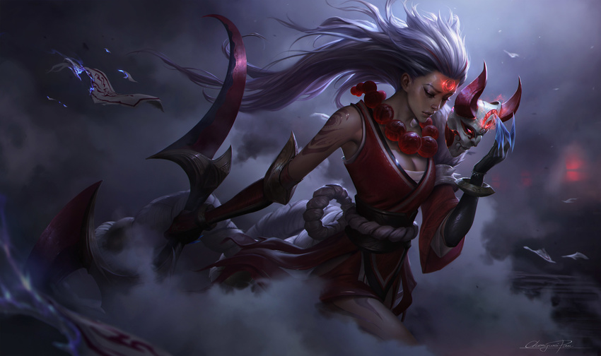 absurdres arm_tattoo artist_name asymmetrical_gloves bead_necklace beads black_gloves black_hair blood_moon_(league_of_legends) blood_moon_diana breasts chengwei_pan claws commentary diana_(league_of_legends) elbow_gloves english_commentary facial_mark female forehead_mark from_side gloves glowing highres holding holding_weapon japanese_clothes jewelry league_of_legends mask medium_breasts mismatched_gloves necklace obi ofuda outstretched_arm parted_lips photoshop_(medium) realistic red_gloves sash signature smoke solo tattoo unworn_mask weapon