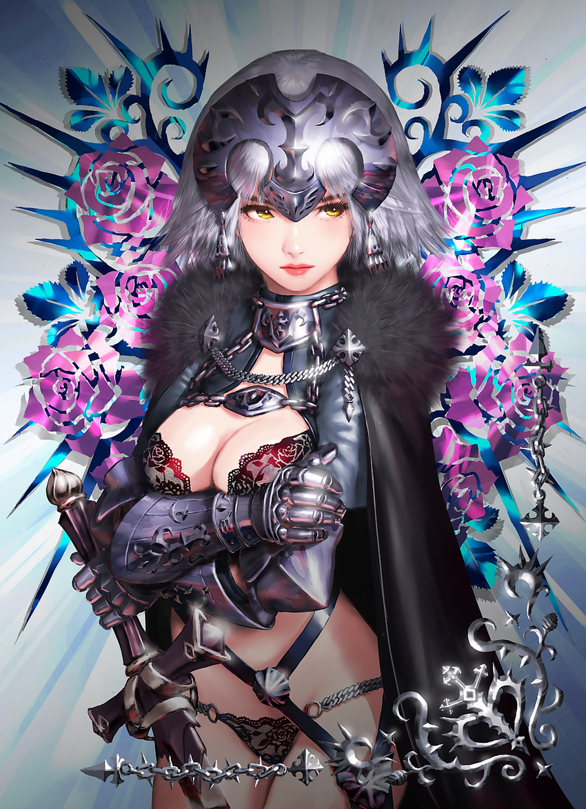 ahoge armor bad_id bad_pixiv_id bra breast_hold breasts cape chains cleavage closed_mouth cowboy_shot crossed_arms elbow_gloves eyelashes fate/grand_order fate_(series) female flower fur_cape fur_trim gauntlets gloves grey_hair headpiece highres holding holding_sword holding_weapon jeanne_d'arc_alter_(avenger)_(fate) jeanne_d'arc_alter_(avenger)_(first_ascension)_(fate) jeanne_d'arc_alter_(fate) lace lace-trimmed_bra lace-trimmed_panties lace_trim large_breasts legs_together lingerie lips looking_to_the_side maeko_(pixiv17012595) medium_breasts nose panties pink_flower pink_lips pink_rose rose short_hair solo standing strap sword underwear underwear_only weapon yellow_eyes