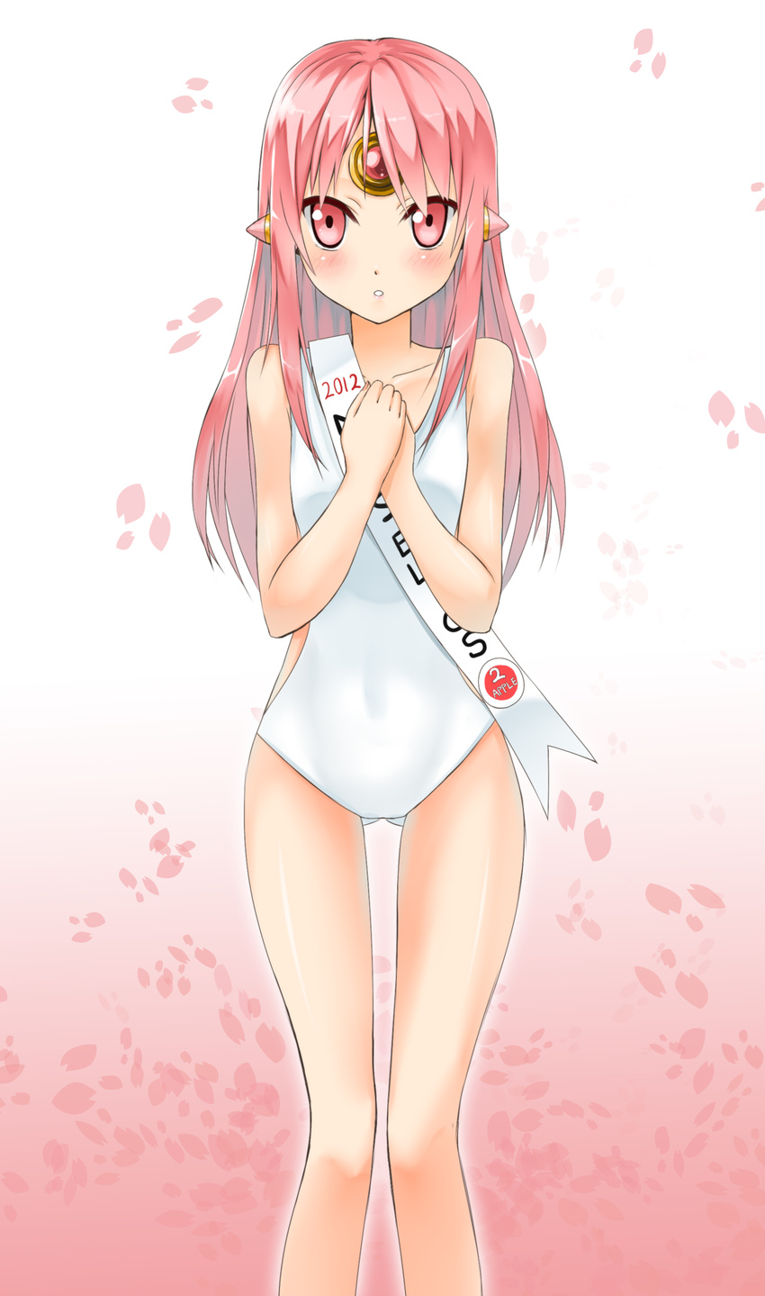 2012 absurdres apple_(elsword) bare_legs blush cherry_blossoms code:_empress_(elsword) commentary elsword eve_(elsword) female forehead_jewel gradient_background highres long_hair one-piece_swimsuit own_hands_together photoshop_(medium) pink_background pink_eyes pink_hair solo standing swimsuit ukeuke white_background white_one-piece_swimsuit