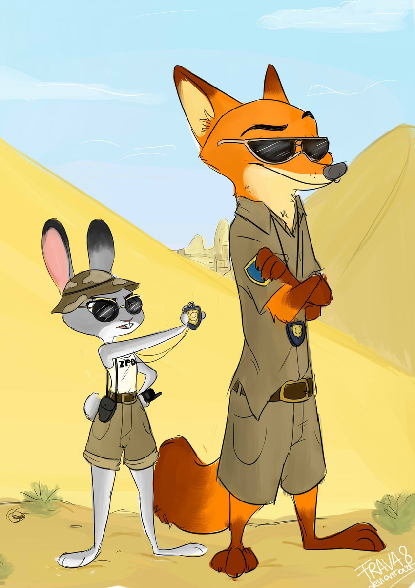 2017 absurd_res anthro canid canine clothing desert disney duo eyewear female fox frava8 fur hi_res judy_hopps lagomorph leporid male mammal nick_wilde rabbit red_fox sunglasses true_fox zootopia