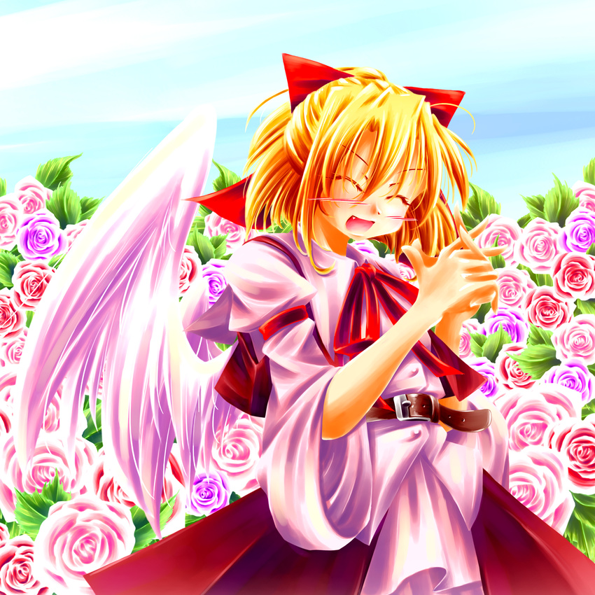 aishuu_karasutengu blonde_hair bow commentary_request female flower gengetsu_(touhou) highres photoshop_(medium) red_bow touhou touhou_(pc-98) wings