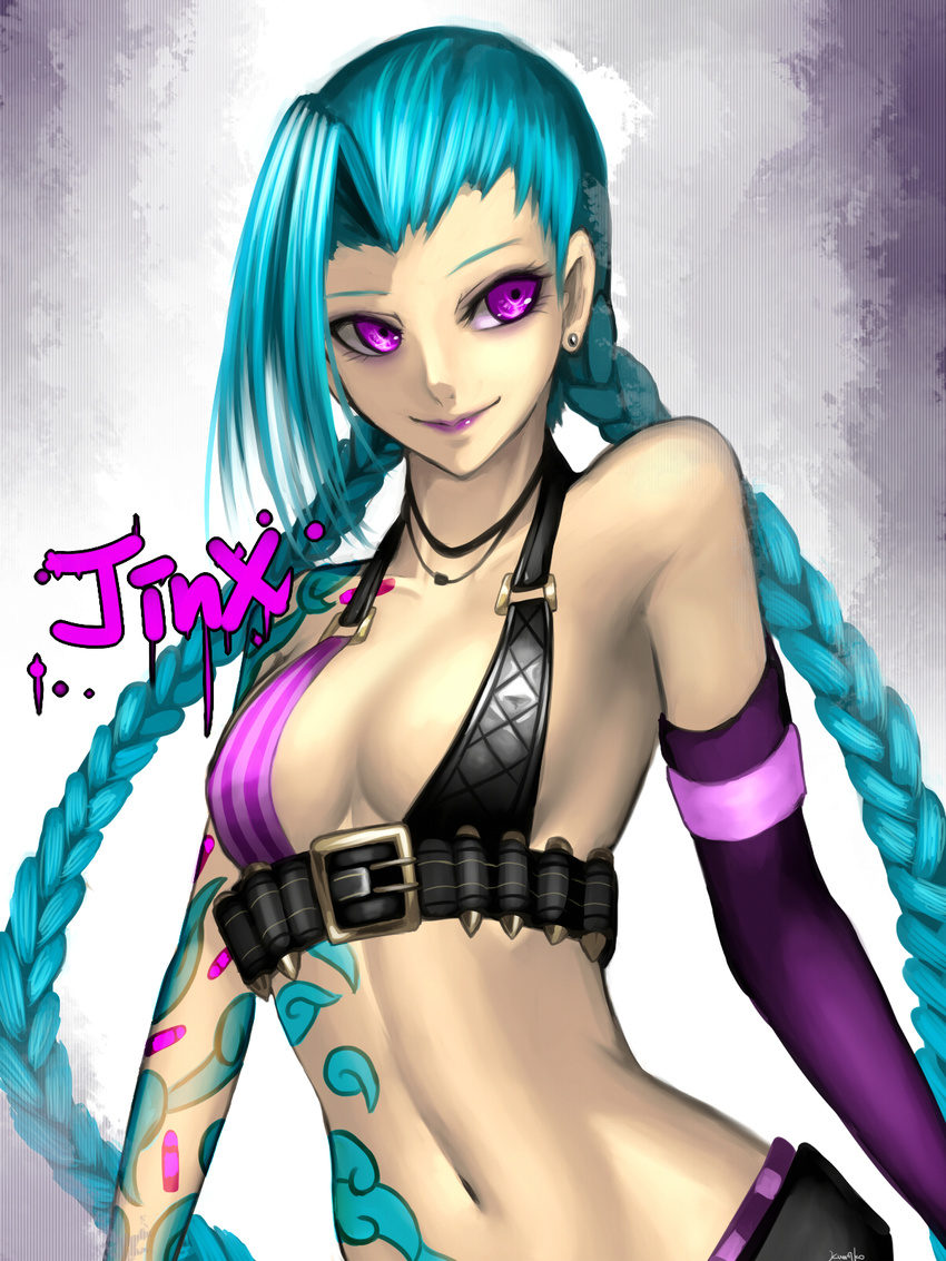 aqua_hair arm_tattoo bad_id bad_pixiv_id bandolier bare_shoulders belt bikini bikini_top_only braid breasts bullet_tattoo character_name chinese_commentary cloud_tattoo commentary_request earrings eyelashes female highres jewelry jinx_(league_of_legends) kumiko_shiba league_of_legends lipstick long_hair makeup medium_breasts midriff navel necklace purple_eyes purple_lips single_sleeve smile solo swimsuit tattoo twin_braids very_long_hair