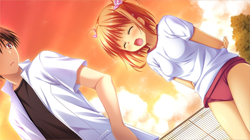 brown_hair closed_eyes female game_cg gym_uniform narumi_suzune shijo_yuki short_hair tojita_sekai_no_tori_colony uniform