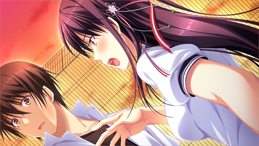 arihara_nodoka female game_cg narumi_suzune purple_eyes purple_hair slap slapping tojita_sekai_no_tori_colony