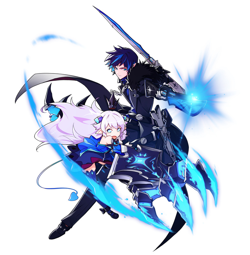 1boy :o absurdres black_footwear black_pants blue_eyes blue_hair blue_thighhighs ciel_(elsword) claws coat dark_blue_hair demon_power_(elsword) elsword female full_body gun highres hwansang long_hair luciela_r._sourcream official_art pants pointy_ears serious shoes skirt sword tail thighhighs weapon white_background white_hair