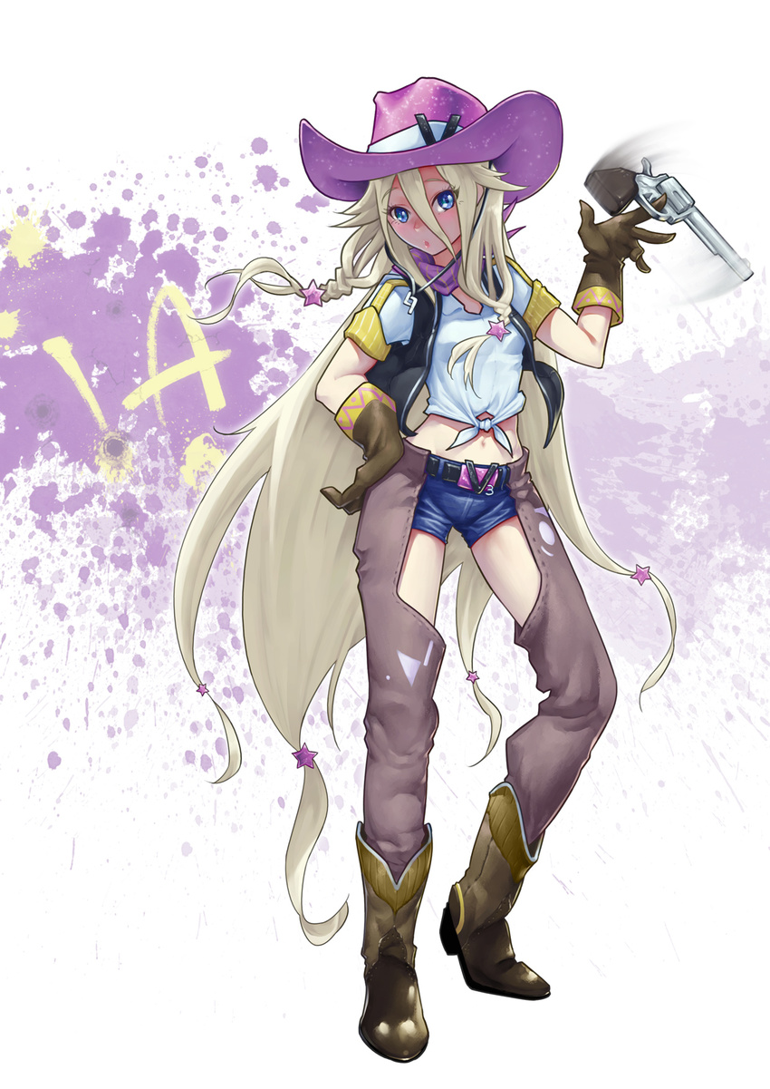 :o belt blonde_hair blue_shorts boots braid chaps commentary_request cowboy_boots cowboy_hat cowboy_western female front-tie_top gun handgun hat highres ia_(vocaloid) long_hair midriff motion_blur navel photoshop_(medium) revolver sean_kao shirt short_shorts shorts solo star_(symbol) tied_shirt twirling_gun twirling_weapon very_long_hair vocaloid weapon