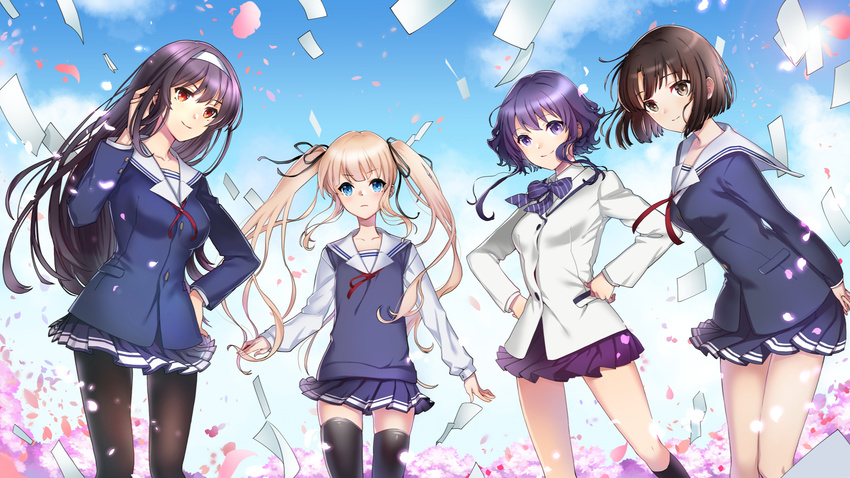 4girls blonde_hair blue_eyes brown_hair cherry_blossoms commentary_request highres hyoudou_michiru kasumigaoka_utaha katou_megumi kneehighs long_hair multiple_girls outdoors pantyhose red_eyes saenai_heroine_no_sodatekata sawamura_spencer_eriri school_uniform short_hair skirt socks sweater_vest thighhighs yamanashi_kawanashi