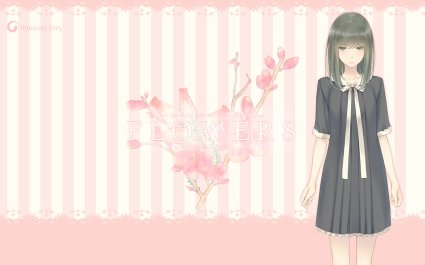 black_hair company_name copyright_name female flower flowers_(innocent_grey) highres innocent_grey long_hair looking_at_viewer mole mole_on_neck school_uniform solo sugina_miki takasaki_chidori