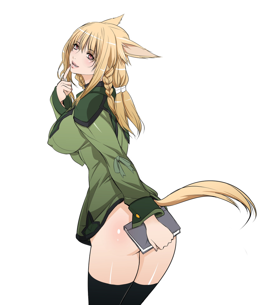 animal_ears ass black_thighhighs blonde_hair book braid breasts brown_eyes cat_ears cat_girl cat_tail chinese_commentary commentary_request covered_nipples covering_privates fangs female final_fantasy final_fantasy_xiv finger_to_mouth highres large_breasts long_hair miqo'te parted_lips q_azieru simple_background smile solo standing tail thighhighs twin_braids warrior_of_light_(ff14) white_background yellow_tail