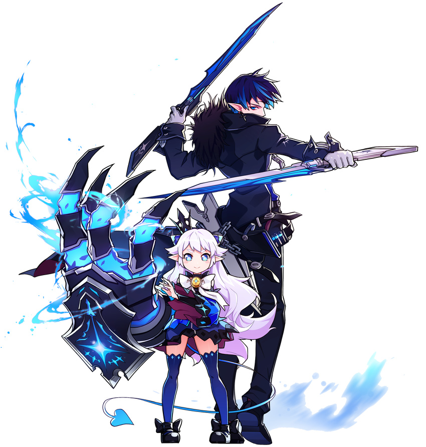 1boy absurdres black_footwear black_pants blue_eyes blue_hair blue_skirt blue_sleeves blue_thighhighs bow brooch ciel_(elsword) claws coat crown dark_blue_hair demon_power_(elsword) dual_wielding elsword energy female full_body gloves gun gunblade height_difference highres holding huge_weapon hwansang jewelry long_hair luciela_r._sourcream mini_crown official_art pants pointy_ears reverse_grip shoes skirt standing sword symbol-shaped_pupils tail thighhighs transparent_background weapon white_bow white_hair zettai_ryouiki